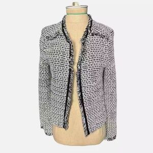 MNG Basics Black White Tweed Blazer Coco Inspired Fringed MANGO